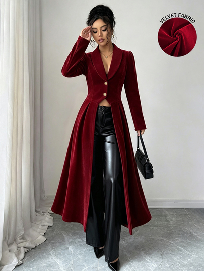 SHEIN Raffinéa Women's Elegant Vintage Cinched Waist Front Slit A-Line Long Overcoat, Autumn/Winter Popular Women's Clothing, Suitable For Outings, Gatherings, Christmas/New Year Holiday Parties, Also Suitable For Professional Commute Style