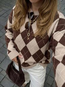 Dazy Plus Brown Colorblock Patchwork Argyle Loose Casual Versatile Pullover Sweater, Autumn/Winter - Brown - View 5