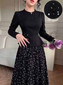 Modelyn 3D Floral Decor Half-High Neck Black Top With Asymmetrical   Polka Dot Two Piece Set  Saudi National Day  Renaissance Outfit Women Business Elegant - Black - View 5