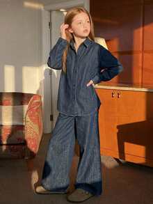 DAZY Tween Girl Loose Casual Long Sleeve Shirt Top + Straight Leg Loose Denim Pants Set Fall - Dark Wash - View 5