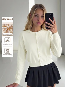 SHEIN 女童時尚休閒清新短版純色秋冬連帽針織開襟毛衣 - 米色 - 查看 3
