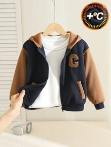 SHEIN Kids Young Boy Casual Versatile Colorblock Thick Hooded Autumn Winter Jacket - Multicolor - View 1