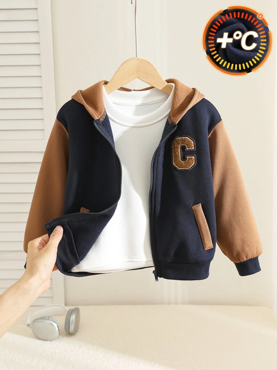 SHEIN Kids Young Boy Casual Versatile Colorblock Thick Hooded Autumn Winter Jacket - Multicolor - View 1