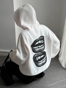 DAZY Women's Long Sleeve Hooded Sweatshirt With Lips Print On Back Fall Oversized T Shirts For Women - White - View 4