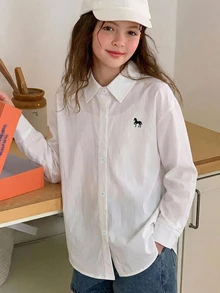 Hapijoa Tween女孩翻領短袖襯衫，夏季款 - 白色 - 查看 8
