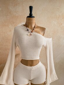 Soleia Women's Plus Size Apricot Asymmetric Shoulder Bell Sleeve Sweater And Knitted Shorts Set Fall - Apricot - View 5