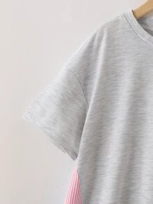 SHEIN 少女蝴蝶結印花拼接條紋荷葉邊下擺洋裝 - 粉色 - 查看 6