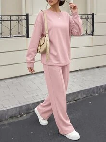 SHEIN 秋季休閒純色運動衫與運動長褲兩件套 - 粉色 - 查看 5