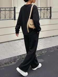 SHEIN 秋季休閒純色運動衫與運動長褲兩件套 - 黑色 - 查看 4