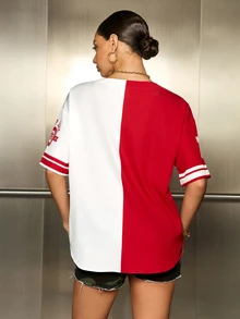 Betty Boop x SHEIN Women's Cartoon Print Colorblock Single-Breasted Shirt - Red and White - View 2