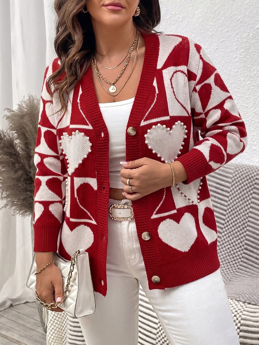 Vionelle Plus Size Faux Pearl Decor Heart Jacquard Button Knit Cardigan - Red - View 1