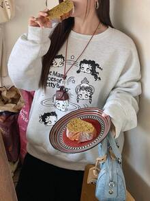 Betty Boop x DAZY Curve Cartoon Print Crew Neck Thermal Lined Thick Casual Loose Long Sleeve Sweatshirt For Spring Autumn Winter - Light Grey - View 5