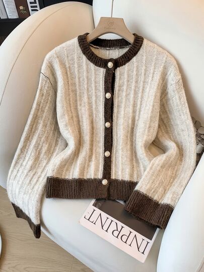 Muvela Women's Colorblock Long Sleeve Single-Breasted Casual Knit Cardigan