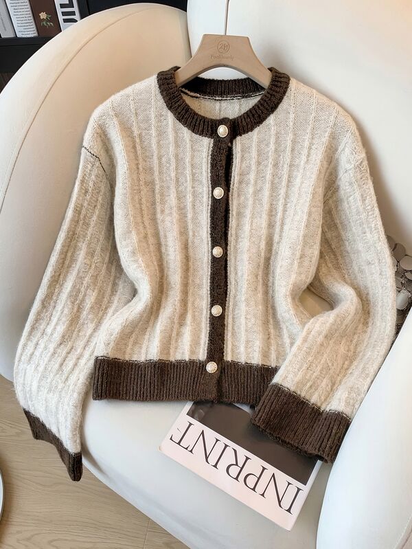 Muvela Cardigan de punto casual de manga larga con bloques de color y abotonadura sencilla para mujer