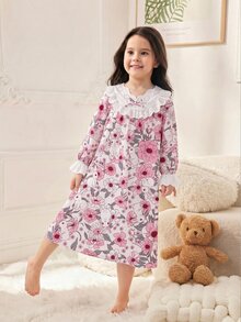SHEIN LMoss Kids 少女寬鬆休閒蕾絲拼接碎花居家服 - 粉色 - 查看 5
