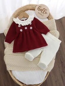 Set 2 Potong Warna Pink untuk Bayi Baru Lahir: Gaun Sweater (Kerah Ruffle + Bordir) + Legging Kasual, Gaya Sederhana dan Manis - Burgundy - View 5