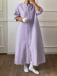 Dazy Plus Minimalist Mid-Length Solid Color Casual Hemline Wavy Edge Short Sleeve Loungewear Dress Nightgown - Purple - View 5