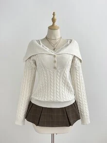 Elamini Women's White Casual Versatile Commute Daily Wear Classic Cable Knit Half-Button Pullover Sweater, Autumn/Winter - White - View 5