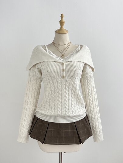 Elamini Women's White Casual Versatile Commute Daily Wear Classic Cable Knit Half-Button Pullover Sweater, Autumn/Winter