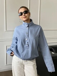 Livesso Women's Casual Half-Button Denim Jacket, Autumn - Blue - View 6