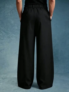 PAVTROS Men's Solid Color Pleated Loose Casual Wide Leg Pants - Black - View 2