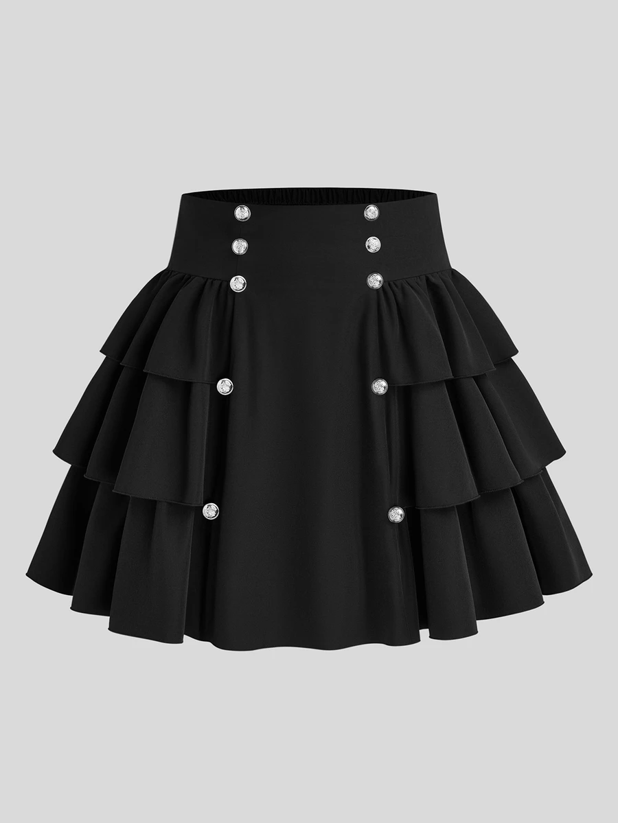 Sweetra Plus Size Lolita Elegant Gothic Dark Lolita High Waist Double-Breasted Lolita Puff Multi-Layer Cake Skirt Fall - Black - View 1
