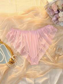 DelicateAllure Celana Dalam Satin Merah Muda Kawaii Lucu Genit Babydoll Lolita Jala Patchwork Ruffle Murni & Manis Ukuran Plus - Berwarna merah muda - View 2