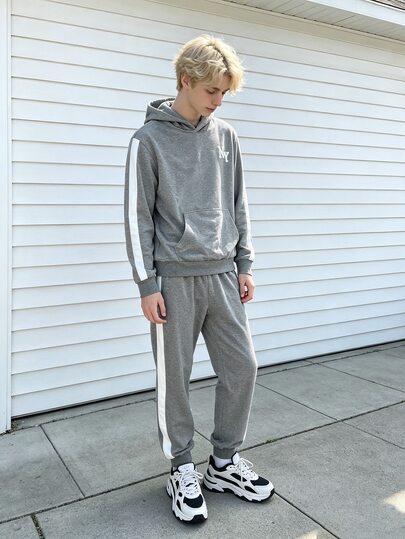 Teen Boys Pure Black Thick Outdoor Hooded Drop Shoulder Sweatshirt And Fashion Casual Sports Jogger Sweatpants 2 Pieces Set