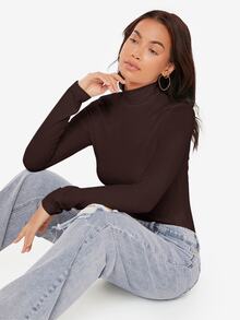 SHEIN BASICS High Neck Long Sleeves Rib-Knit Form Fitted Tee Tops For Women Black Tops - Coffee Brown - View 5