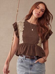 WESTFADE Lace Trim Tiered Ruffle Short Sleeve Babydoll Top Fall, Autumn, Female Country Look, Cowgirl Clothing, Western, Brunch, Basic, Cute Tops - Mocha Brown - View 5