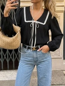SHEIN PariChic Women's Casual French Elegant Lace Trim Blouse, Autumn Everyday Date Black And White - Black - View 1