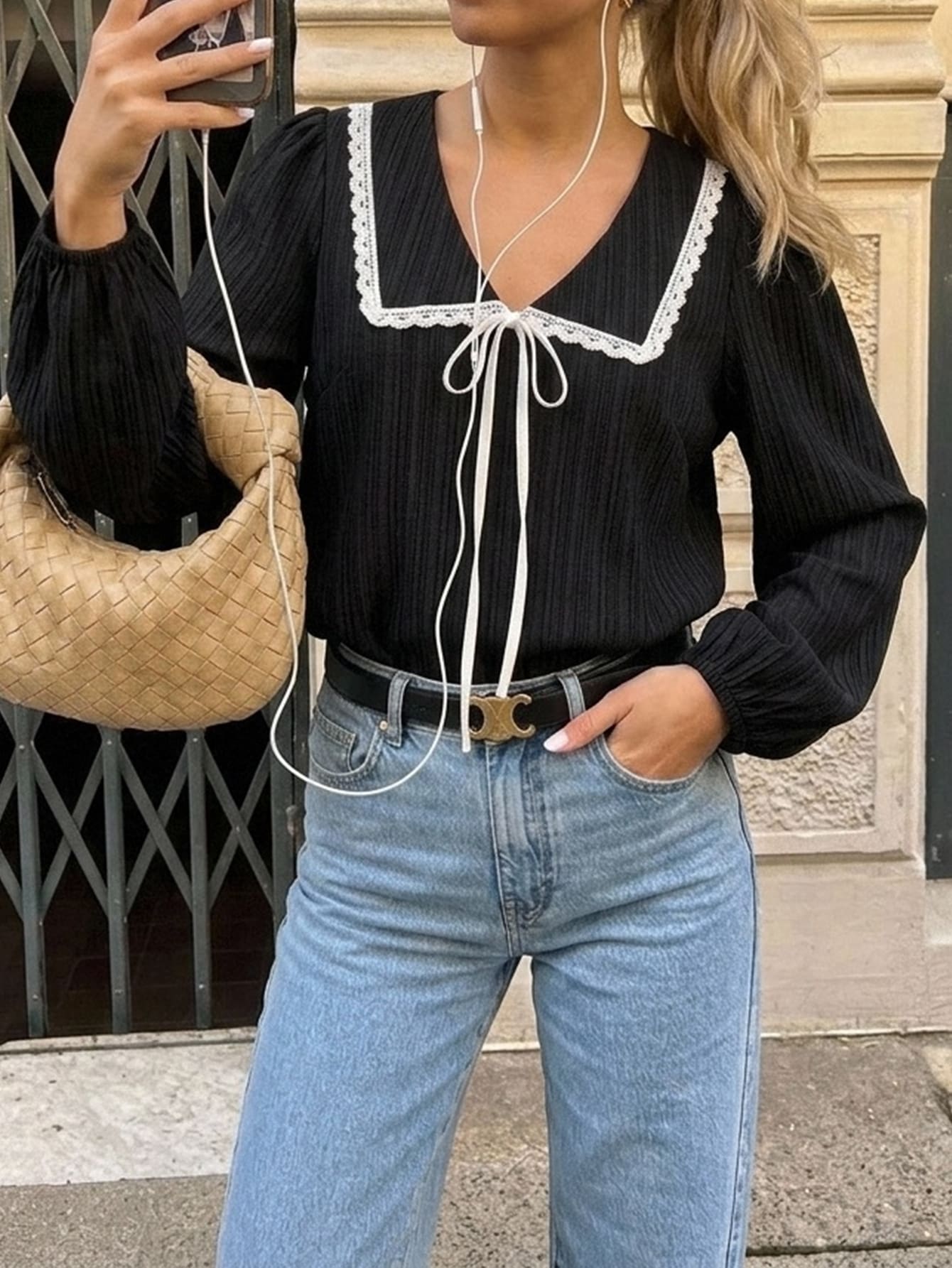 SHEIN PariChic Women's Casual French Elegant Lace Trim Blouse, Autumn Everyday Date Black And White - Black - View 1