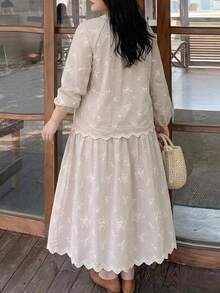 Dazy Plus Spring/Summer Women's Casual Striped All-Over Floral Embroidered Stand Collar Shirt & A-Line Skirt 2 Pieces Set - Khaki - View 3