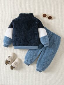 SHEIN Baby Boy Colorblock Patchwork Warm Sweatshirt & Sweatpants Set,Fall Clothes,Long Sleeve,Hiver,Pull - Multicolor - View 2