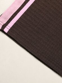 SHEIN Teen Girls Spring Autumn Brown Knitted Textured Fitted Ruched Crew Neck Pink Ribbon Trim Long Sleeve T-Shirt And Wide Leg Pants 2 Pieces Set, Suitable For Autumn Winter Layering - Brown - View 6