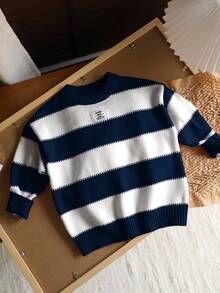 SHEIN 小男孩秋冬休閒拼色條紋毛衣 - 藏蓝色 - 查看 4