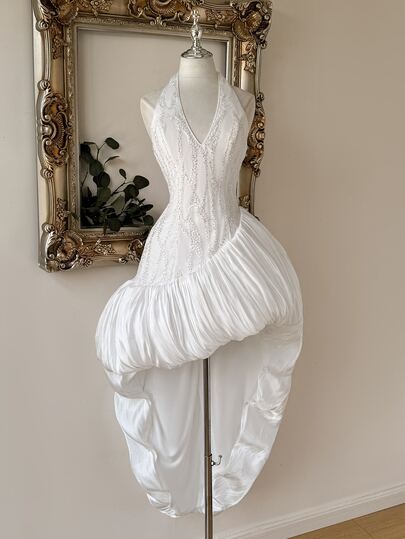 Lovelzi White Sequin Embroidery V Neck Sleeveless Satin Backless Halter Neck Floor Length Bodycon Women's Elegant Evening Gown Bridal Prom Formal Party Dress