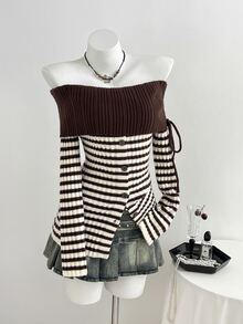 Elamini Women's Autumn/Winter Casual Colorblock Striped Off-Shoulder Sweater - Khaki - View 4