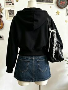 Lalippa Best-Selling Women's Casual Knit Loose Cropped Long Sleeve Sweatshirt/Print Design - Lily Flower Pattern/Black Sweatshirt - Black - View 2