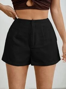 SHEIN PETITE Women's Solid Color Casual Versatile Daily Shorts - Black - View 4