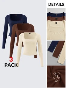 SHEIN BASICS 3件組女款純色針織長袖修身方領短版T恤，夏季服飾 - 彩色 - 查看 10