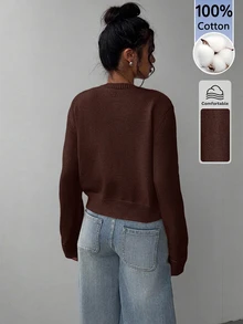 SHEIN BASICS 女款秋冬休閒純色開襟羊毛衫 - 咖啡棕 - 查看 2