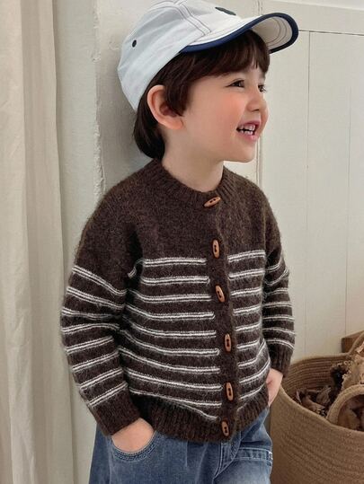 DAZY Cárdigan de manga larga a rayas con bloques de color casual para niños, otoño/invierno
