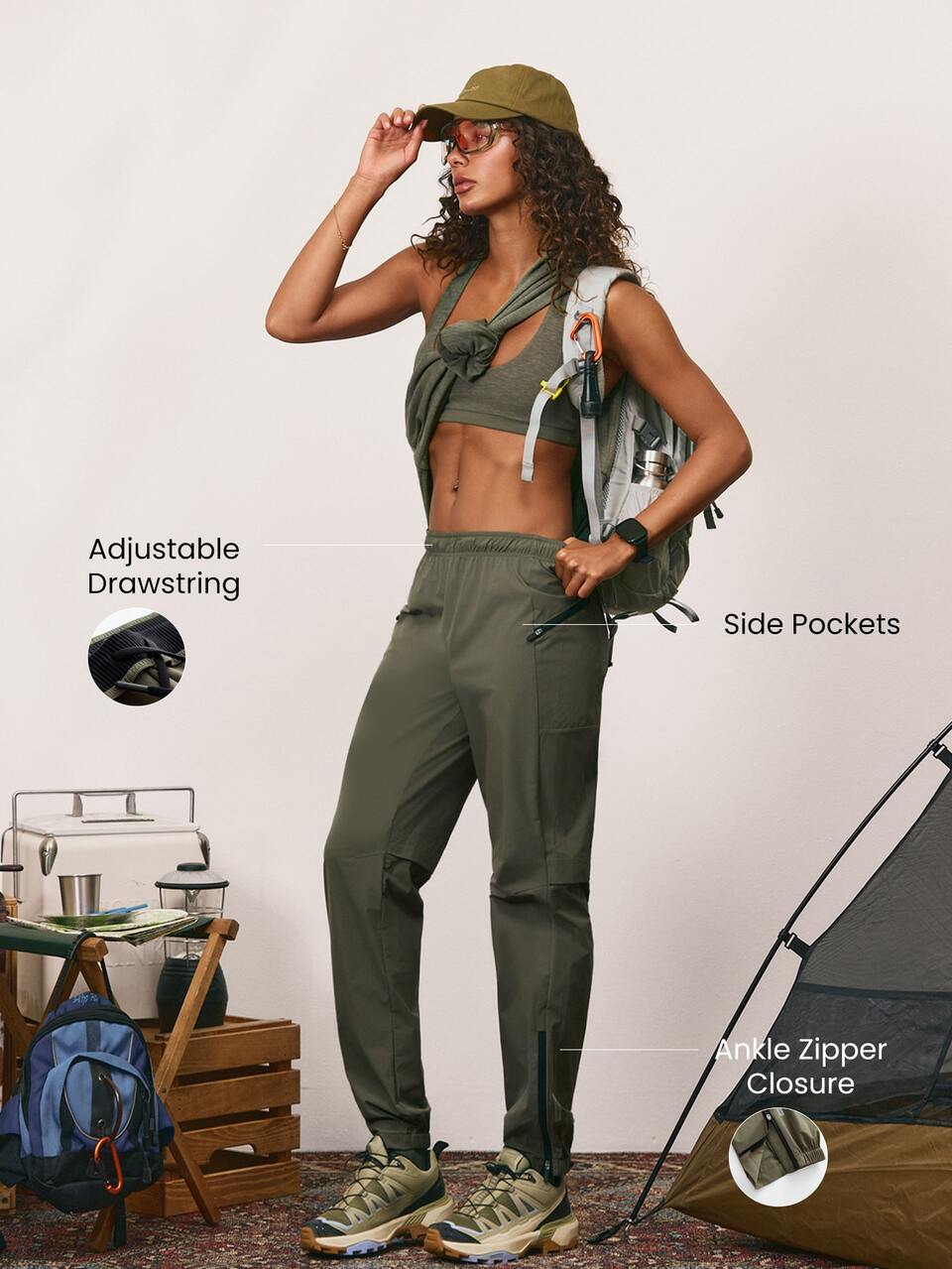 Lightweight Woven Trail Runner Pants With Quick-Dry Stretch Fabric, Adjustable Waist, Zipper Pockets & Reflective Detail Outdoor Active Wear