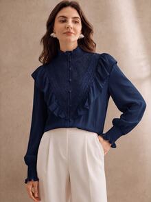 Anewsta Women's New Pink Stand Collar Ruffle Patchwork Lace French Romantic Ruffle Long Sleeve Blouse - Navy Blue - View 8