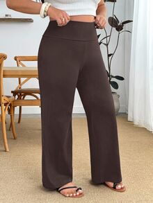 SHEIN PETITE CURVE 大尺碼休閒百搭純色高腰直筒長褲 - 棕色 - 查看 7