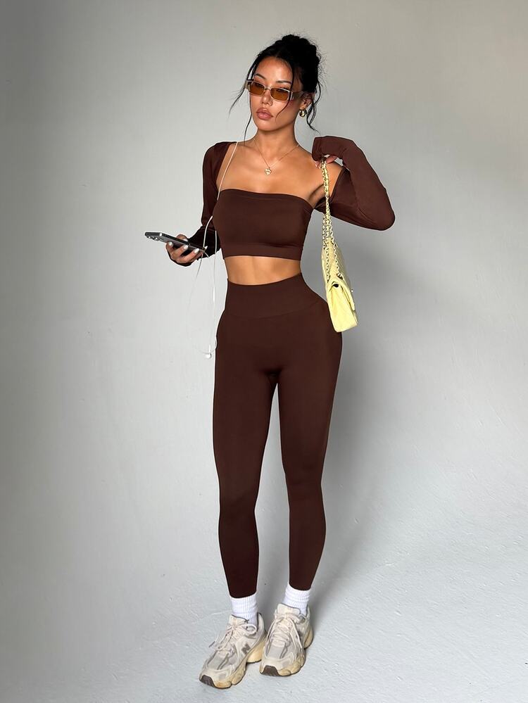 Slayform 3pcs Seamless Knit Women's Sports Set - Brown - View 7