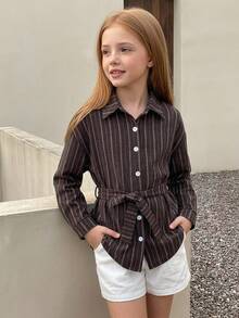 DAZY Tween Girl) Striped Long Sleeve Fashion Tie-Front Casual Shirt, Autumn New Arrival - Brown - View 6