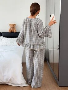 DAZY Women's Plaid Top And Pants Pajama Set Fall - Blue - View 2