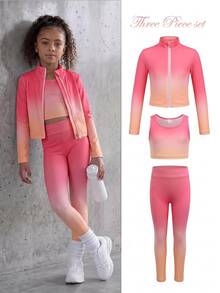 SHEIN طقم 3 قطع أزياء كاجوال للفتيات الصغيرات بألوان متدرجة، ناعم على البشرة ومريح ومرن للغاية، مناسب للرياضة والتمارين والأنشطة الخارجية والتسوق والمزيد - لون برتقالي - مشاهدة 1